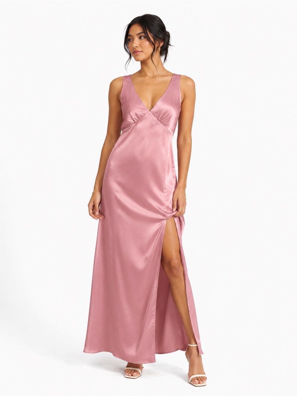 Pink Satin V-Neck Slip Dress - Brand